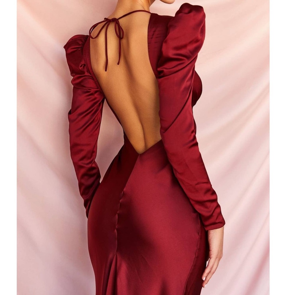 HOUSE OF CB Ottillie Sexy Open Back Puff Sleeves
Silky Satin Red Maxi Gown Dress - Picture 6 of 14